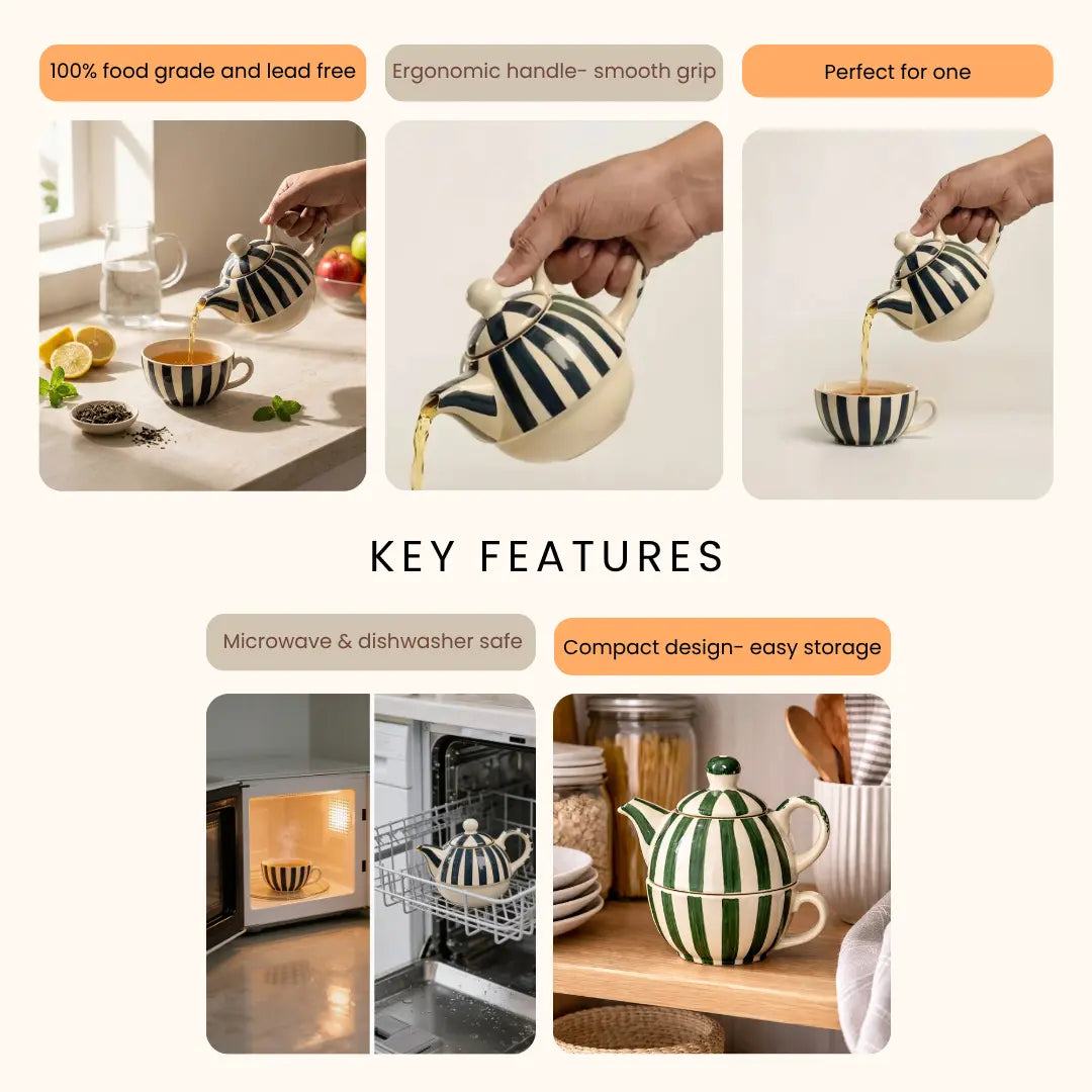 Handmade Ceramic Striped Tea Pot and Cup Set – Modern Teal & White Stoneware for Tea Lovers The confetti tree