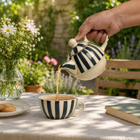 Handmade Ceramic Striped Tea Pot and Cup Set – Modern Teal & White Stoneware for Tea Lovers The confetti tree