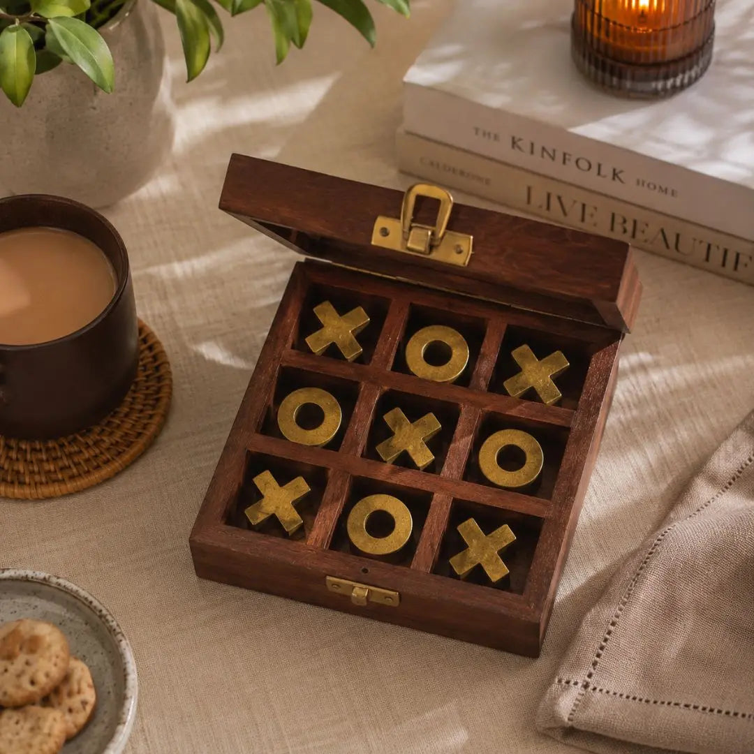 Heritage Tic Tac Toe Wooden Game Box with Brass & Wood Playing Pieces The confetti tree