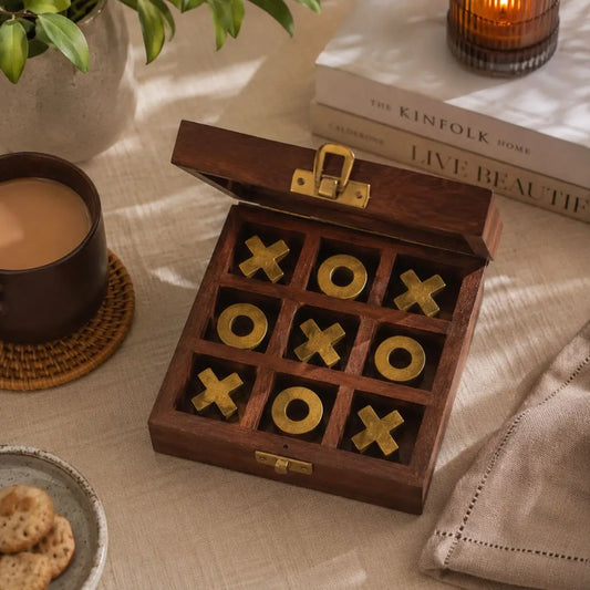 Heritage Tic Tac Toe Wooden Game Box with Brass & Wood Playing Pieces The confetti tree