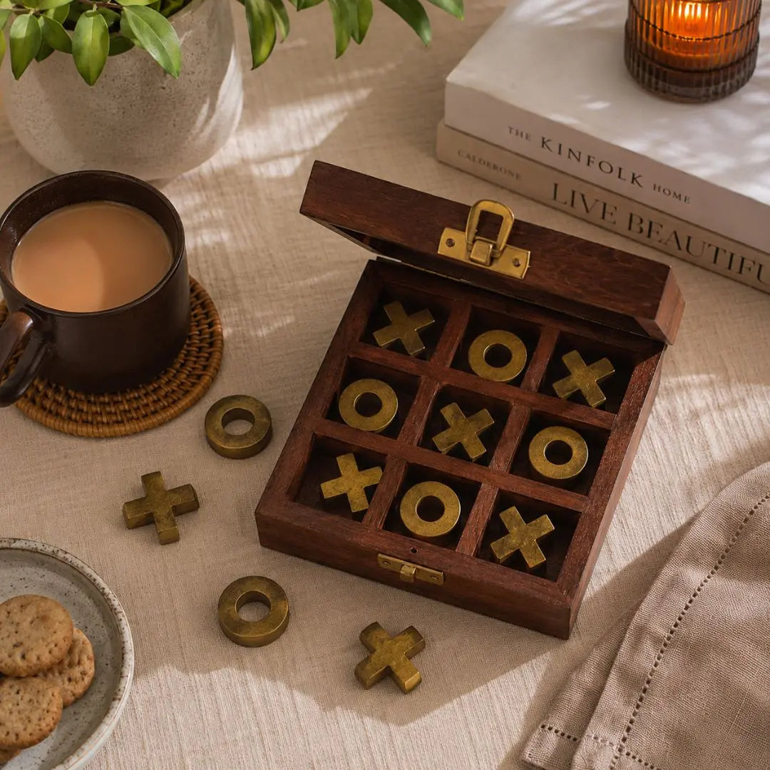 Heritage Tic Tac Toe Wooden Game Box with Brass & Wood Playing Pieces The confetti tree