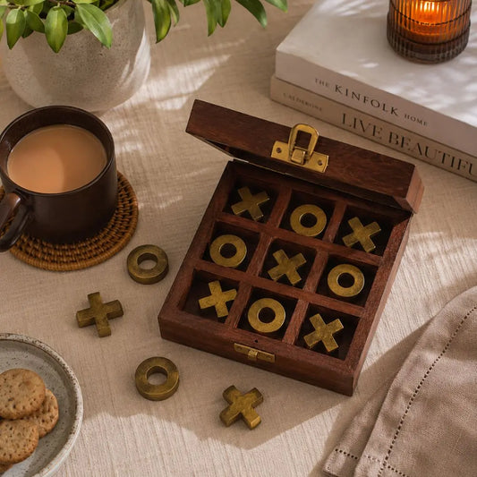 Heritage Tic Tac Toe Wooden Game Box with Brass & Wood Playing Pieces The confetti tree