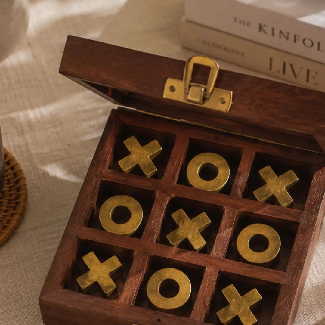 Heritage Tic Tac Toe Wooden Game Box with Brass & Wood Playing Pieces The confetti tree