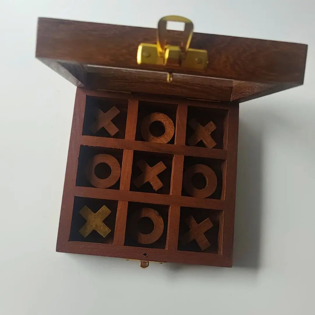 Heritage Tic Tac Toe Wooden Game Box with Brass & Wood Playing Pieces The confetti tree