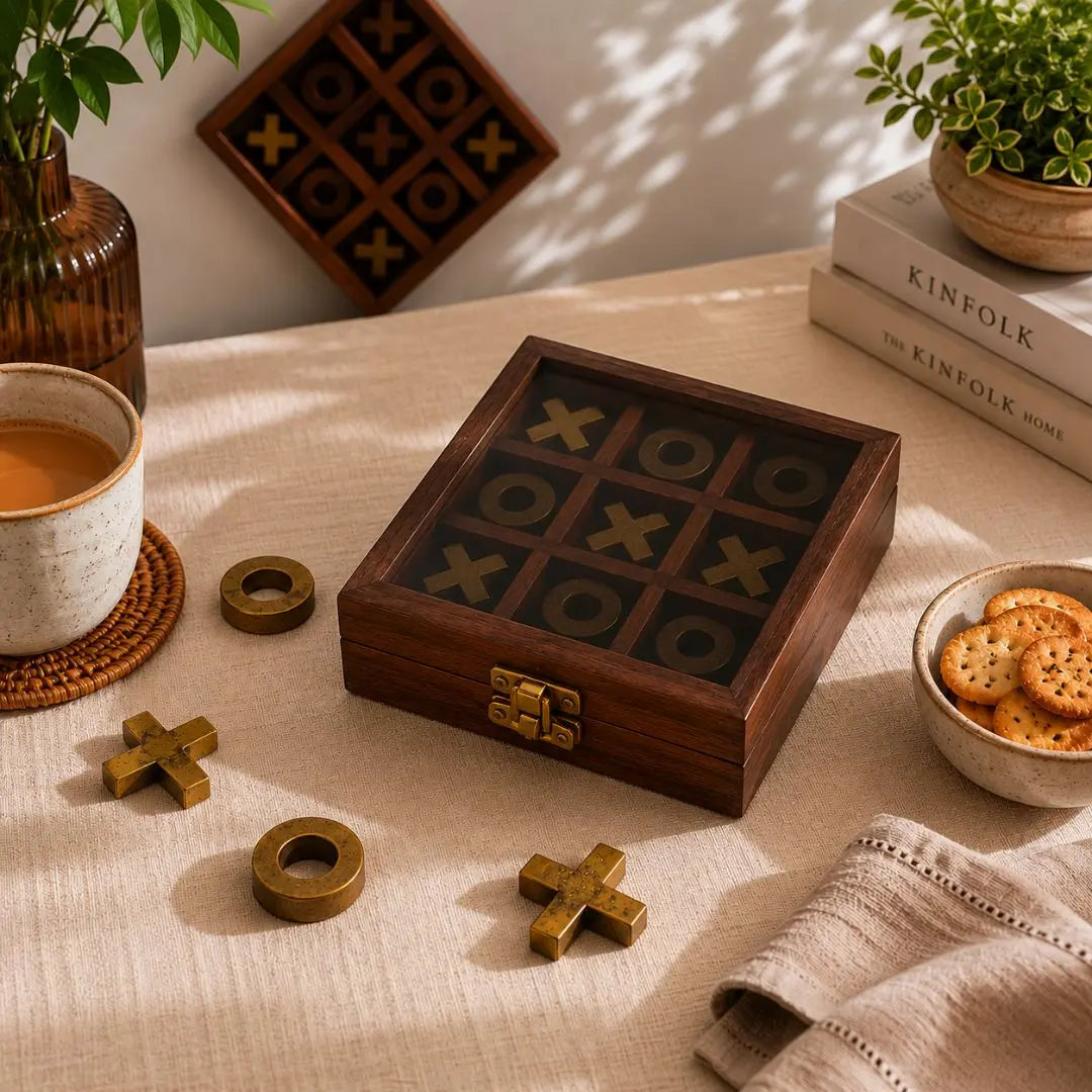 Heritage Tic Tac Toe Wooden Game Box with Brass & Wood Playing Pieces The confetti tree