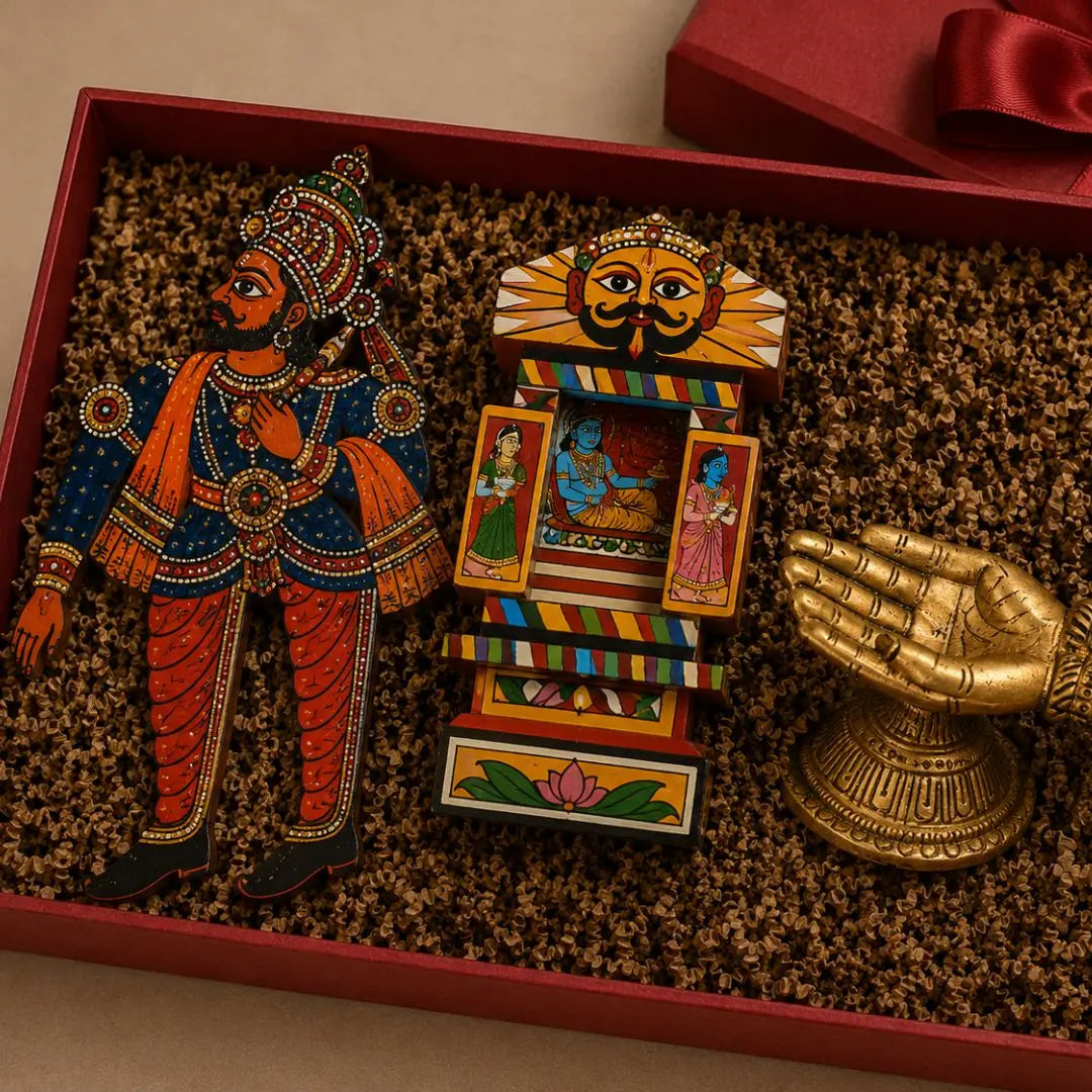 Indian Heritage Art Gift Box with Andhra Shadow Puppet, Ramayana & Krishna Kavad Art and Brass Handheld Diya | Luxury Handmade Cultural Gift Hamper The confetti tree