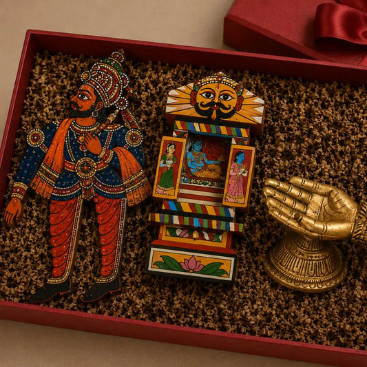 Indian Heritage Art Gift Box with Andhra Shadow Puppet, Ramayana & Krishna Kavad Art and Brass Handheld Diya | Luxury Handmade Cultural Gift Hamper The confetti tree