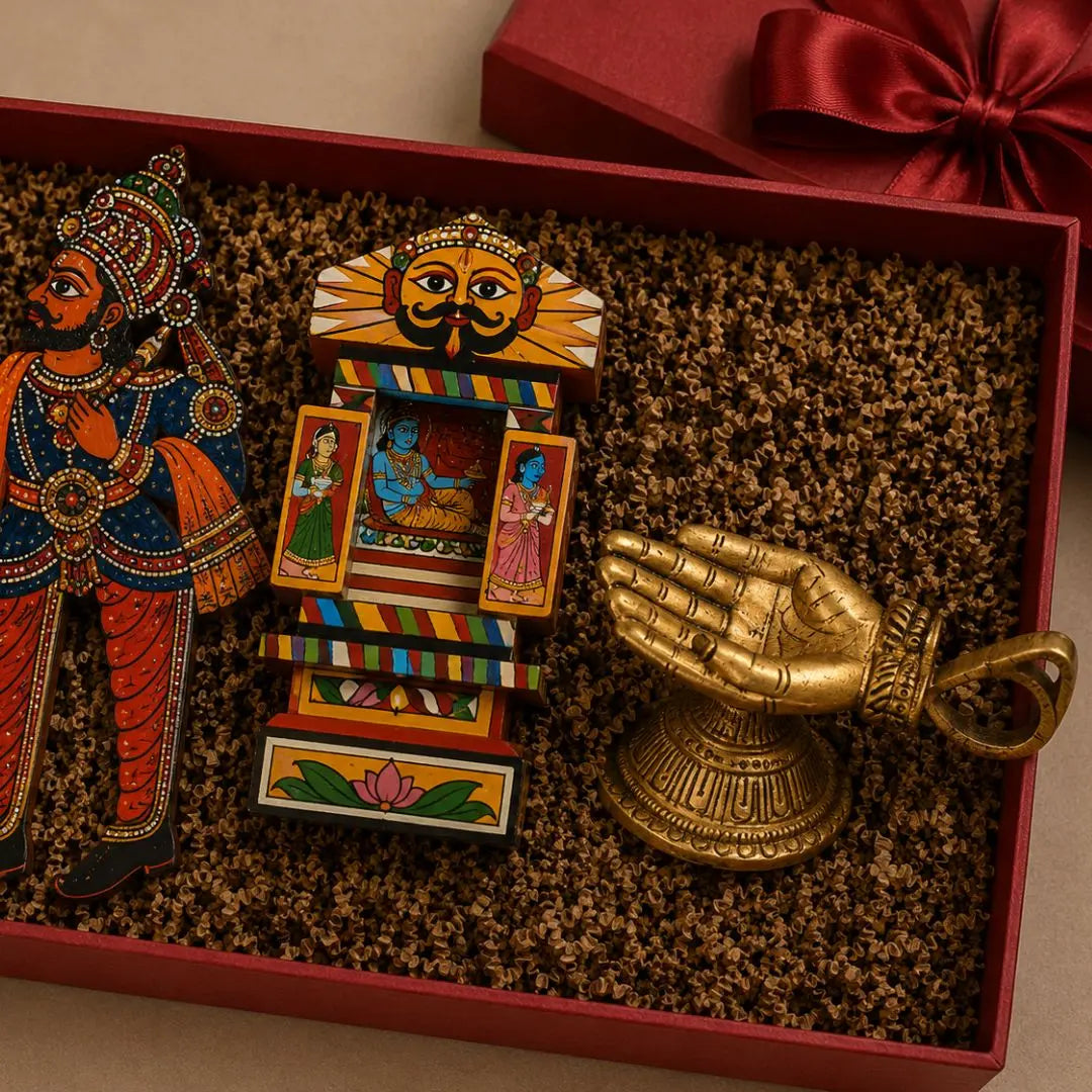 Indian Heritage Art Gift Box with Andhra Shadow Puppet, Ramayana & Krishna Kavad Art and Brass Handheld Diya | Luxury Handmade Cultural Gift Hamper The confetti tree