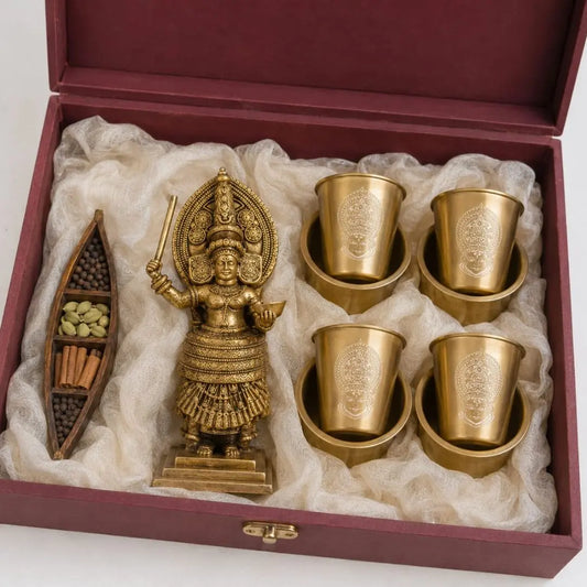 Kerala Heritage Luxury Gift Box with Brass Theyyam/Kathakali Sculpture, Brass Filter Coffee Cup Set & Kerala Snake Boat Spice Collection | Premium Handmade Gift Hamper The confetti tree