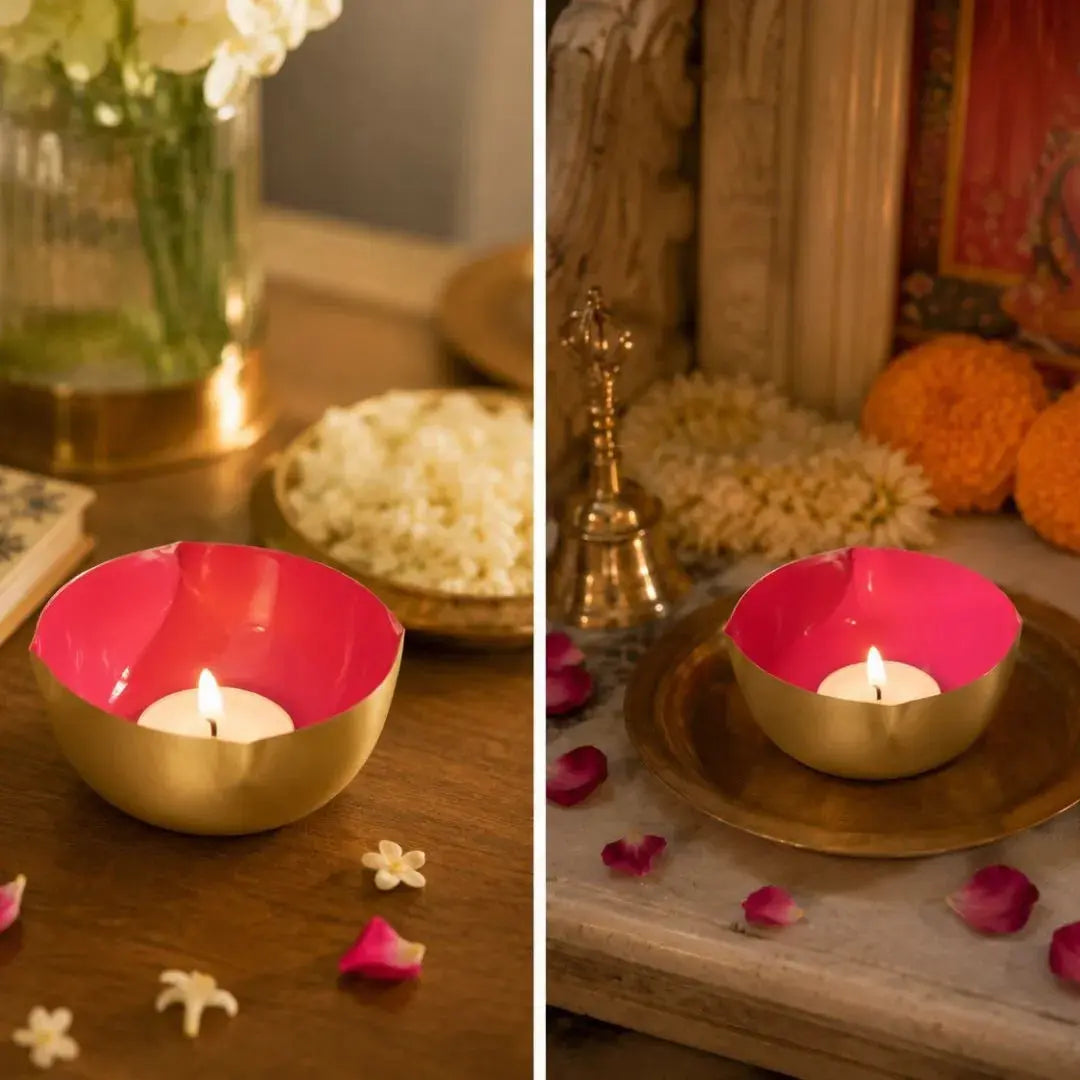 Limited Edition Brass Charmukh Diya Set | Handcrafted Four-Wick Brass Oil Lamps | Luxury Puja Diya | Pre-Order The confetti tree