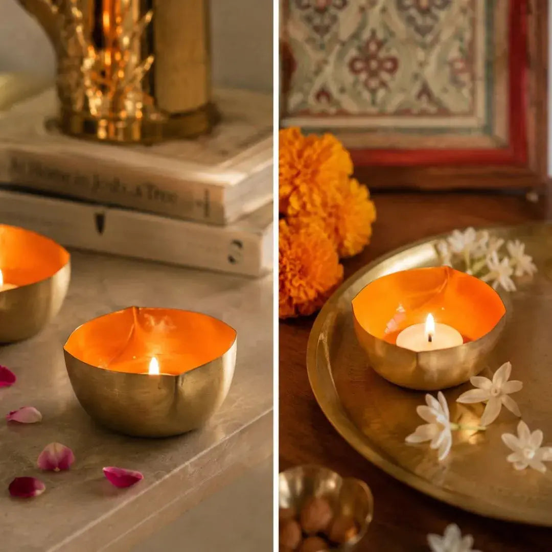 Limited Edition Brass Charmukh Diya Set | Handcrafted Four-Wick Brass Oil Lamps | Luxury Puja Diya | Pre-Order The confetti tree