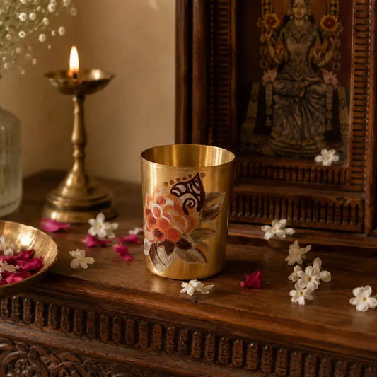 Limited Edition Hand-Painted Brass Glass with Ginger Flower Design | Luxury Brass Tumbler | Decorative Drinkware | Pre-Order The confetti tree