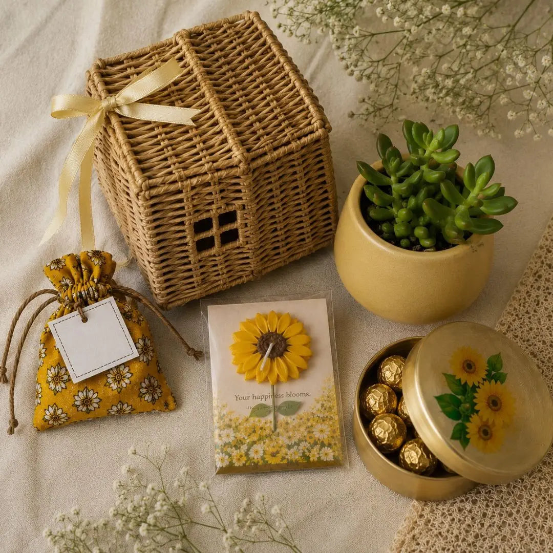 Luxury Baby Shower Gift Hamper with House Cane Basket, Ceramic Planter, Sunflower Candle, Seed Potli & Handpainted Brass Sweet Box | Premium Newborn Gift Basket The confetti tree