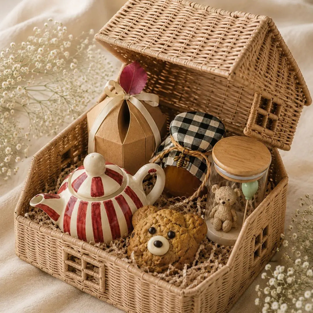 Luxury Baby Shower Gift Hamper with House Cane Basket, Handcrafted Ceramic Teapot & Cup Set, Honey, Teddy Candle & Cookies | Premium New Mom & Newborn Gift Basket The confetti tree