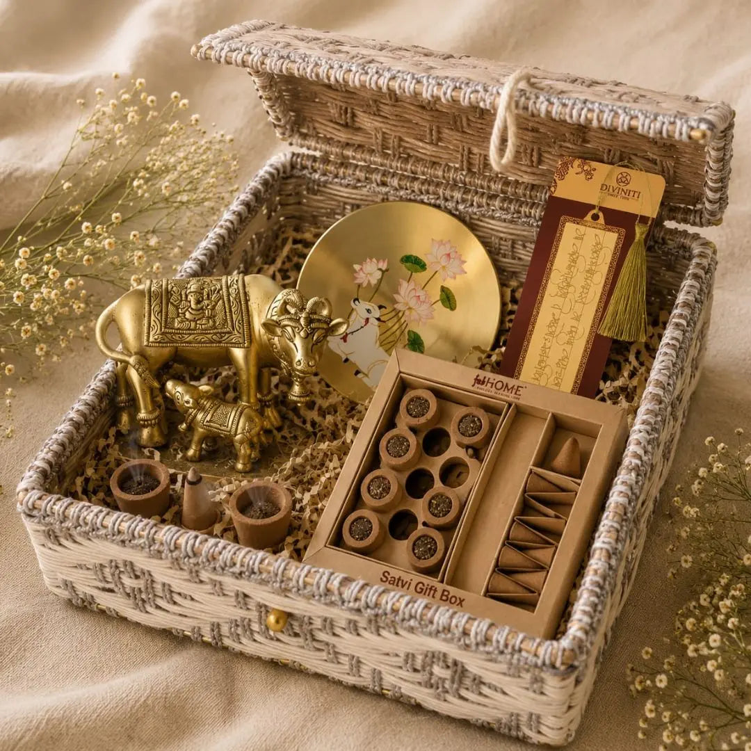 Luxury Baby Shower Gift Hamper with Kamdhenu Brass Idol, Handpainted Brass Sweet Box, Incense Gift Set & Personalized Announcement Bookmark | Premium Baby Welcome Gift Basket The confetti tree