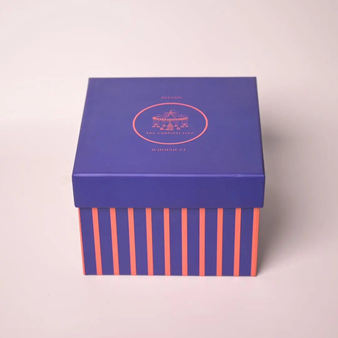 Luxury Blue Striped Rigid Gift Box With Lid – Premium Designer Gifting Box for Hampers & Special Occasions The confetti tree