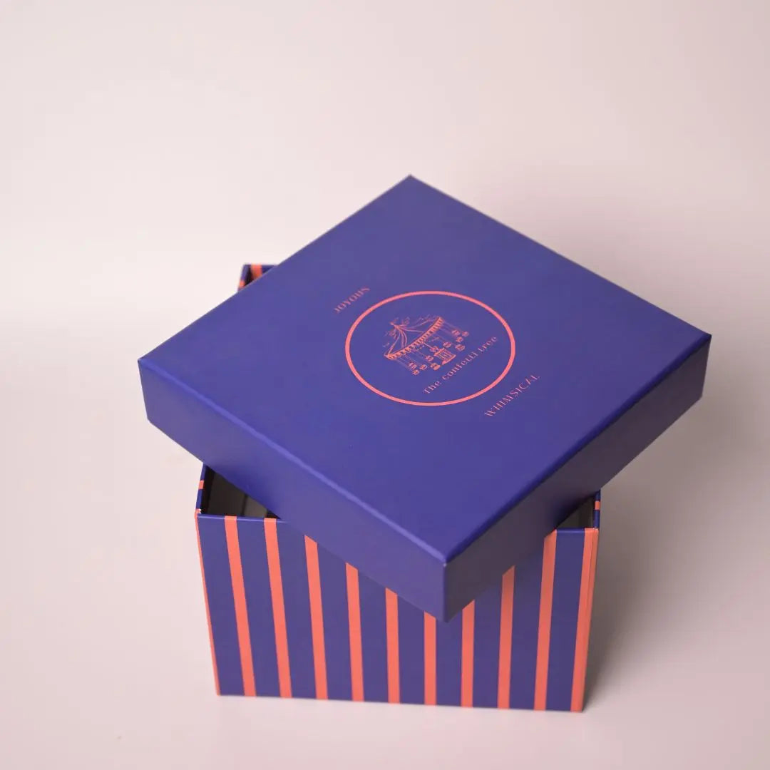 Luxury Blue Striped Rigid Gift Box With Lid – Premium Designer Gifting Box for Hampers & Special Occasions The confetti tree