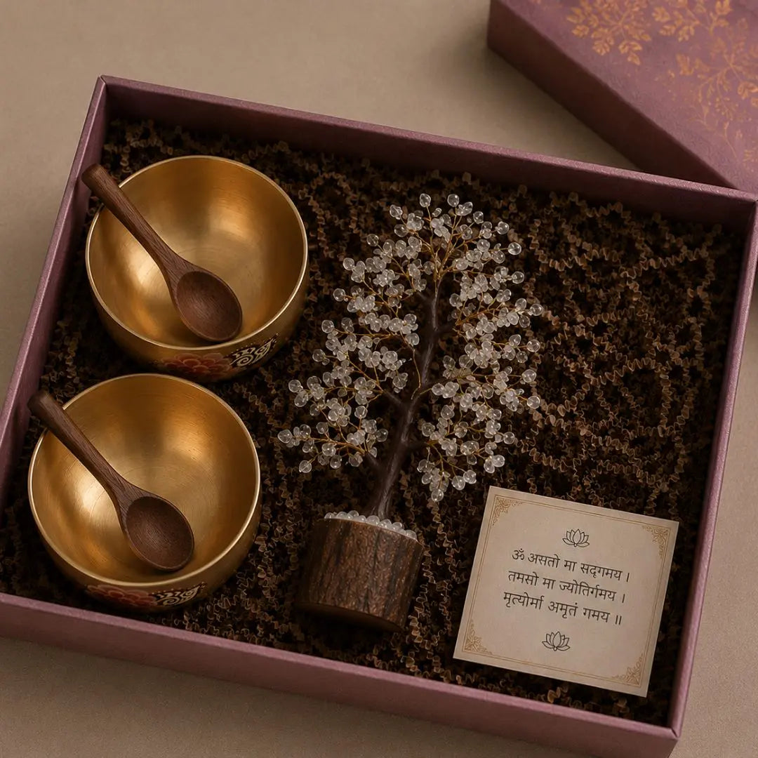 Luxury Brass Bowl Gift Set with Wooden Spoons & Clear Quartz Crystal Tree | Premium Handmade Wellness & Housewarming Gift Box The confetti tree