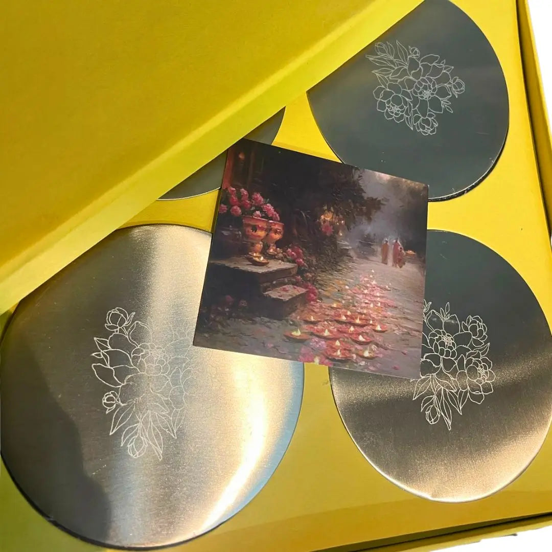 Luxury Brass Coaster Set of 4 with Floral Engraving – Elegant Tableware Gift Box The confetti tree