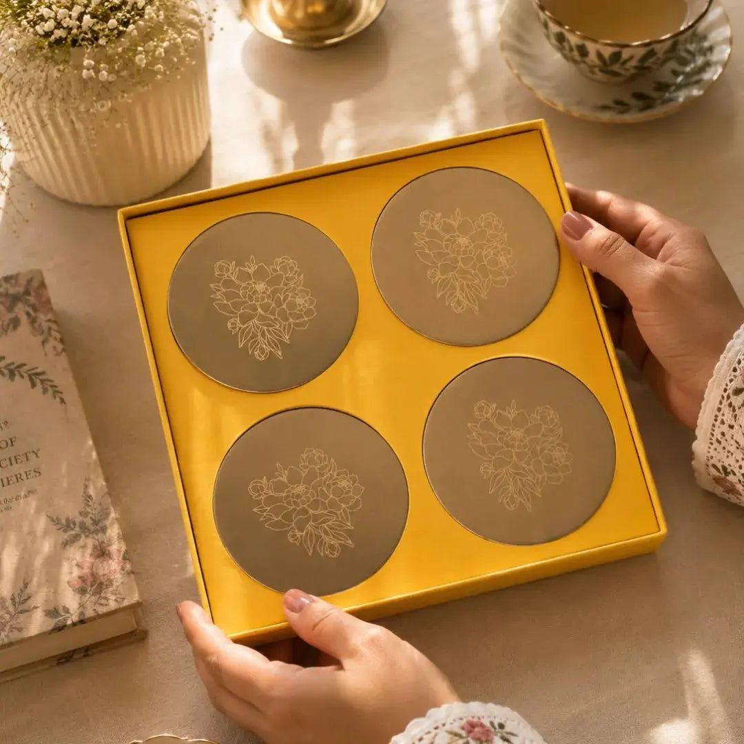 Luxury Brass Coaster Set of 4 with Floral Engraving – Elegant Tableware Gift Box The confetti tree