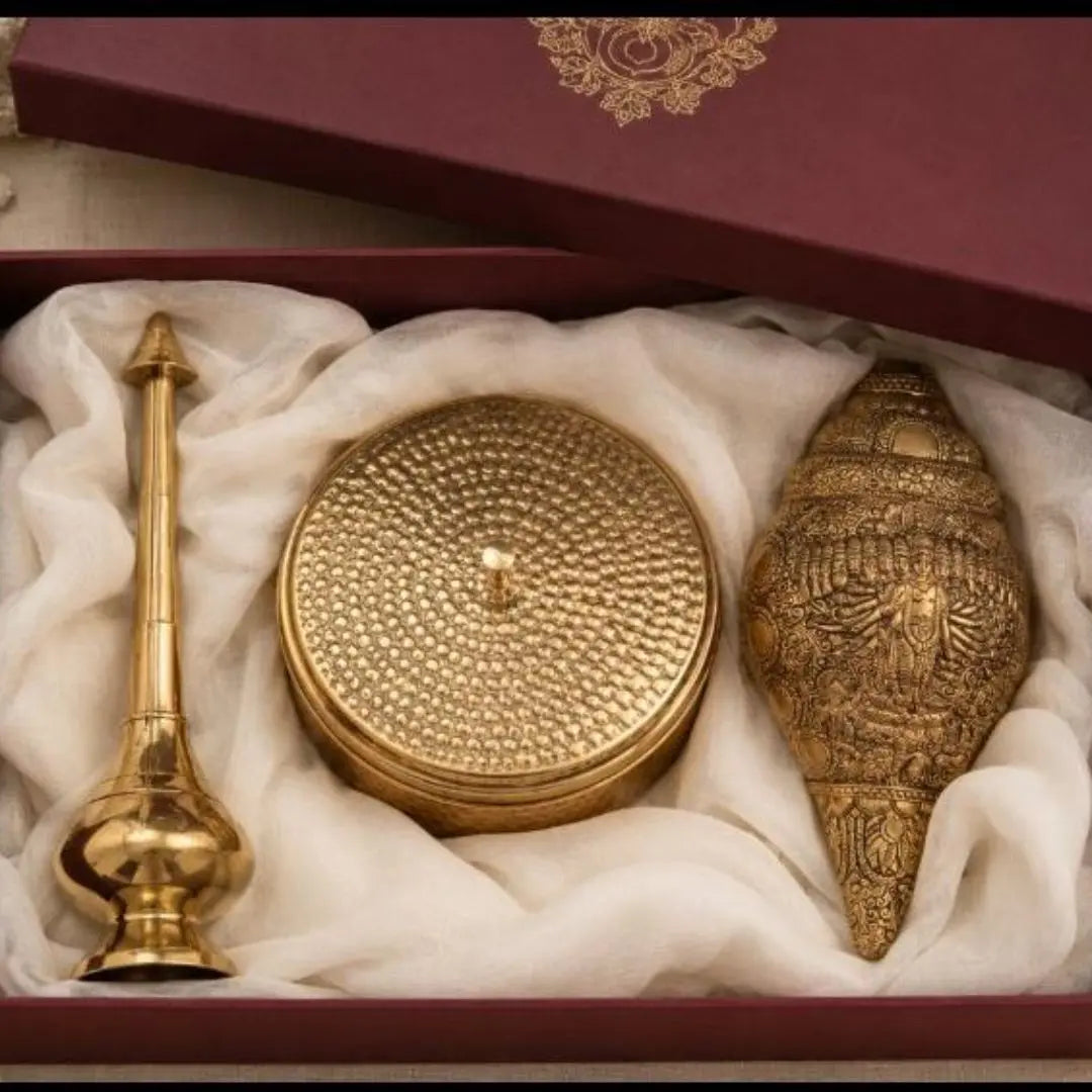Luxury Brass Spiritual Gift Box with Vishnu Shankh Sculpture, Brass Gulab Jal Dispenser & Mukhwas Container | Premium Handmade Wedding & Festive Gift Hamper The confetti tree