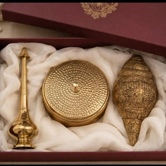 Luxury Brass Spiritual Gift Box with Vishnu Shankh Sculpture, Brass Gulab Jal Dispenser & Mukhwas Container | Premium Handmade Wedding & Festive Gift Hamper The confetti tree