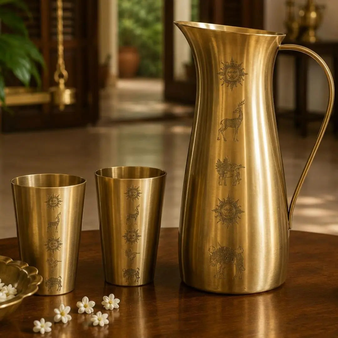 Luxury Brass Water Jug & Lassi Glass Set Gift Box | Handmade Brass Serveware Gift Hamper for Housewarming, Weddings & Corporate Gifting The confetti tree