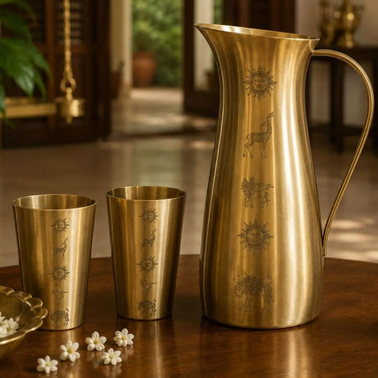 Luxury Brass Water Jug & Lassi Glass Set Gift Box | Handmade Brass Serveware Gift Hamper for Housewarming, Weddings & Corporate Gifting The confetti tree