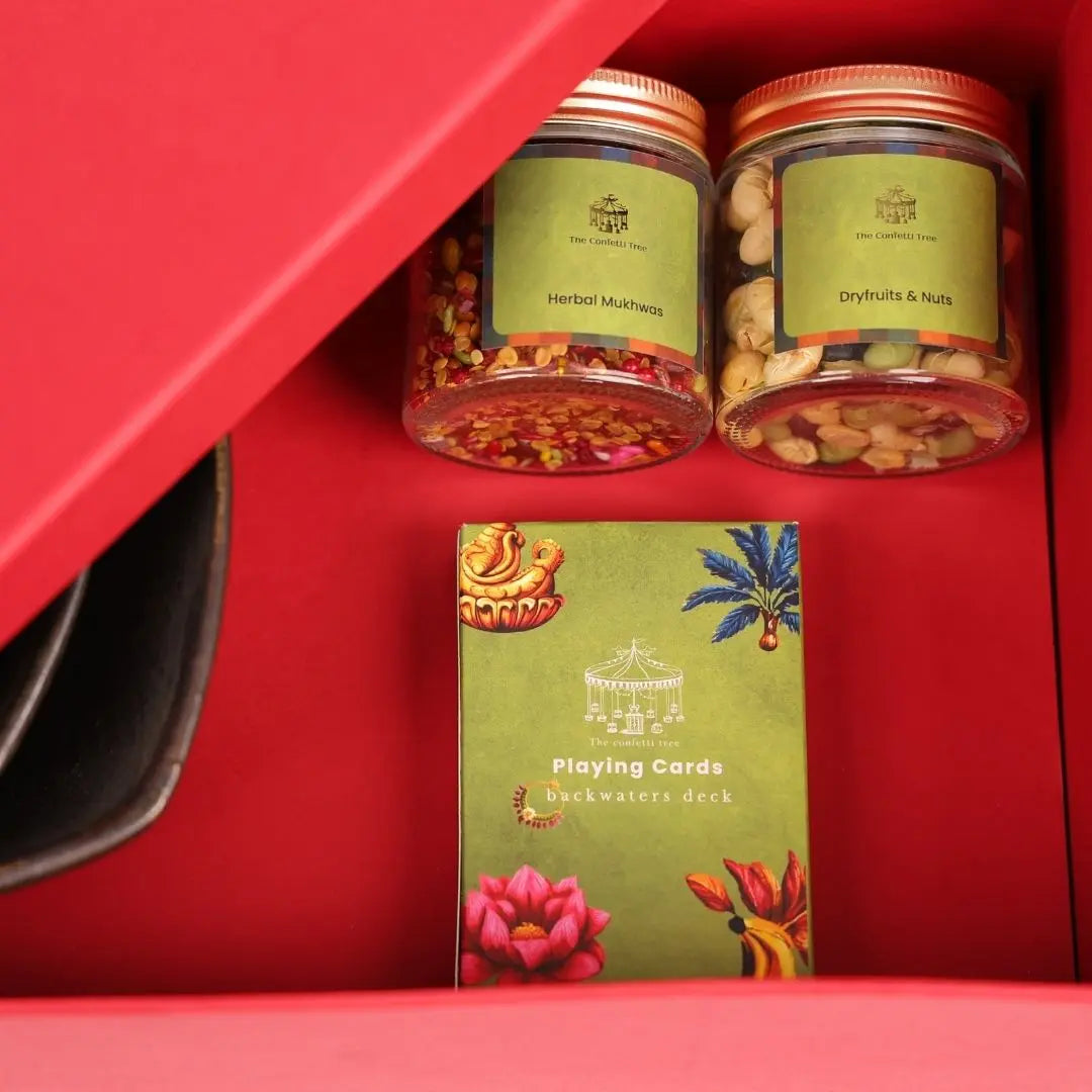 Luxury Diwali Gift Box with Brass Finish Nut Bowls, Dry Fruits, Mukhwas & Playing Cards The confetti tree