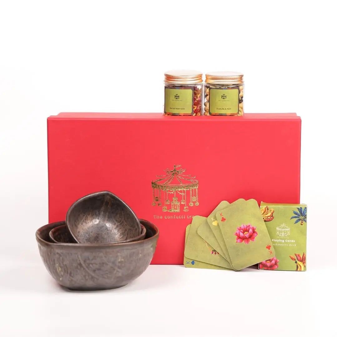 Luxury Diwali Gift Box with Brass Finish Nut Bowls, Dry Fruits, Mukhwas & Playing Cards The confetti tree