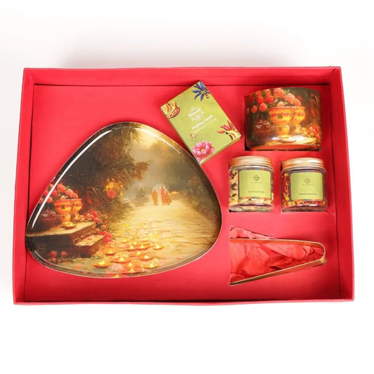 Luxury Diwali Gift Box with Brass Finish Platter, Soy Wax Candle, Dry Fruits, Mukhwas, Brass Tong & Designer Playing Cards The confetti tree