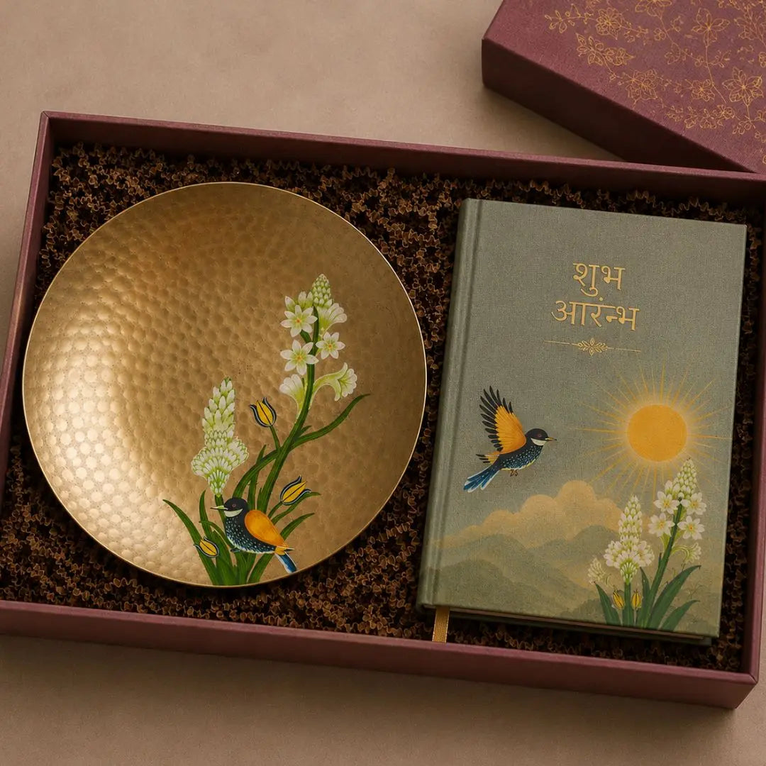 Luxury Hand-Painted Brass Platter & Indian Mythology Book Gift Box | Premium Handmade Housewarming, Wedding & Corporate Gift Hamper The confetti tree