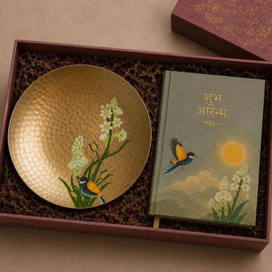 Luxury Hand-Painted Brass Platter & Indian Mythology Book Gift Box | Premium Handmade Housewarming, Wedding & Corporate Gift Hamper The confetti tree