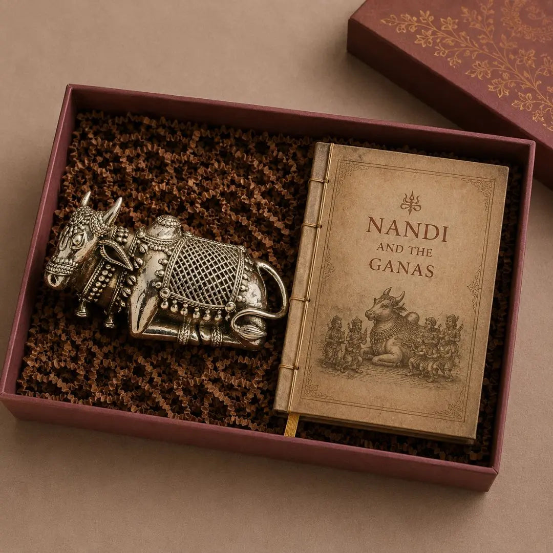 Luxury Nandi Gift Box with Handcrafted Metal Nandi Sculpture & Indian Mythology Book | Premium Spiritual Housewarming & Wedding Gift Hamper The confetti tree