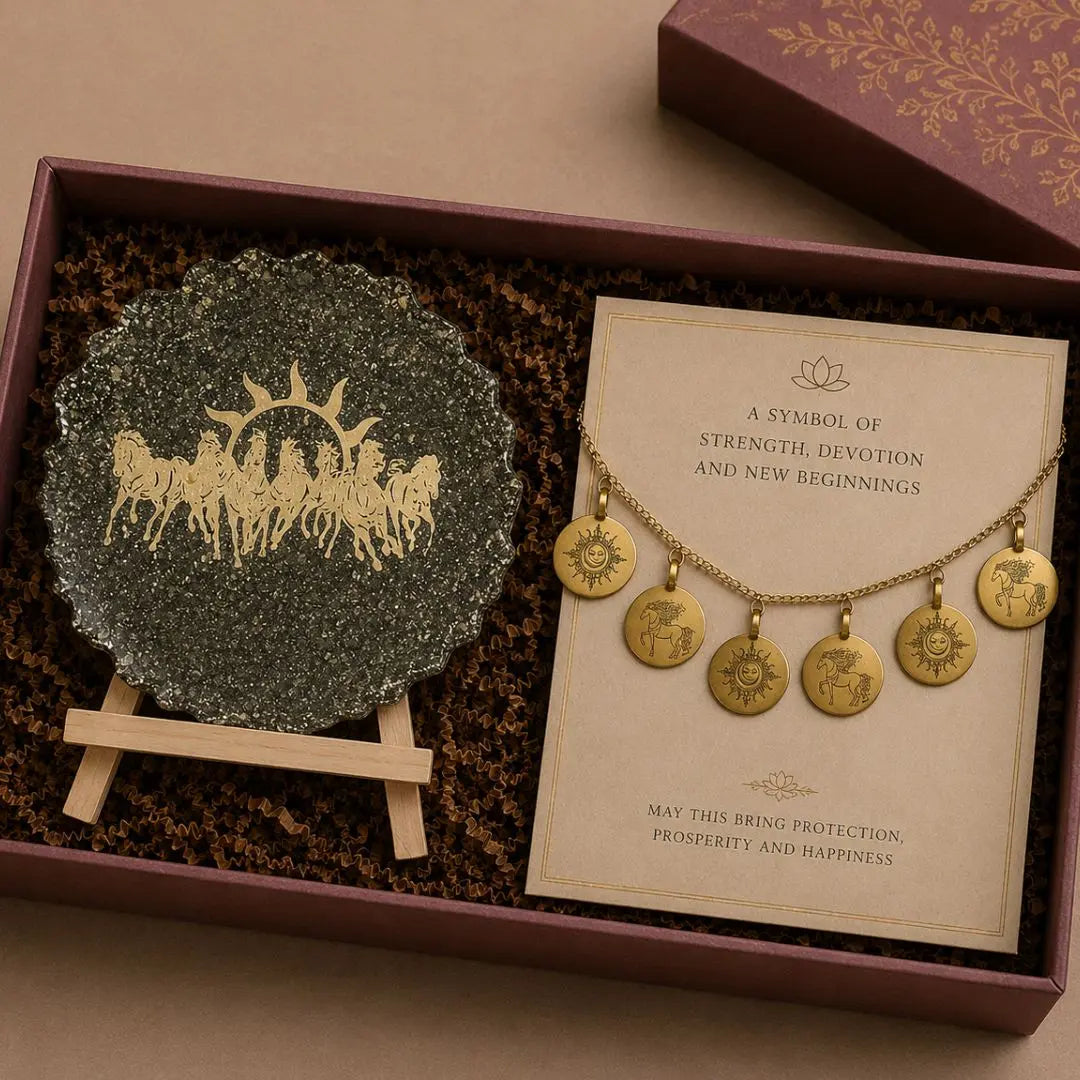 Luxury Prosperity Gift Box with Seven Horses Pyrite Artwork & Brass Horse-Sun Toran | Premium Vastu, Housewarming & Corporate Gift Hamper The confetti tree