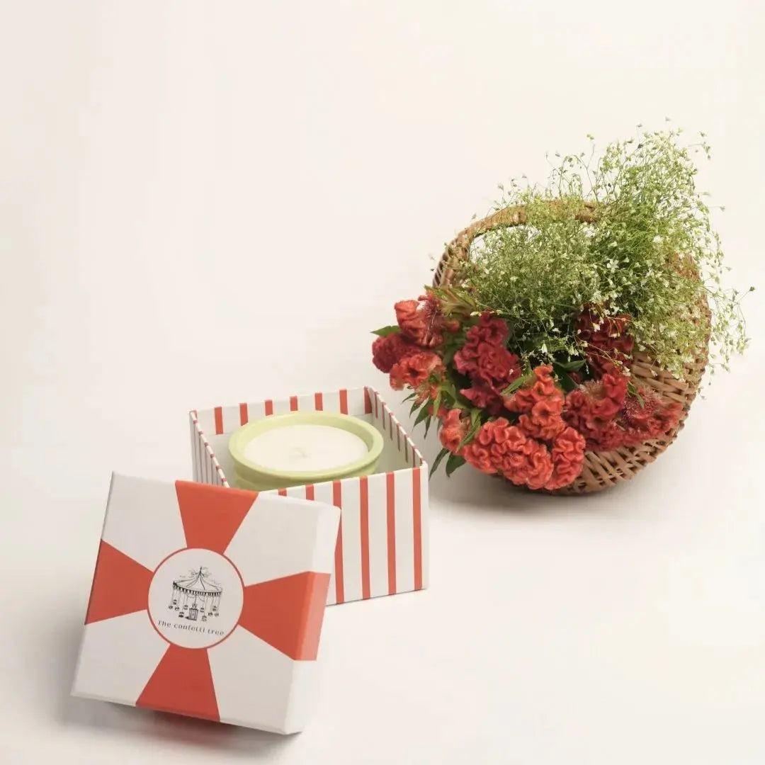 Luxury Rakhi Gift Hamper with Evil Eye Rakhi & Lumba, Ceramic Soy Wax Candle & Greeting Card | Premium Raksha Bandhan Gift Box for Bhai & Bhabhi The confetti tree