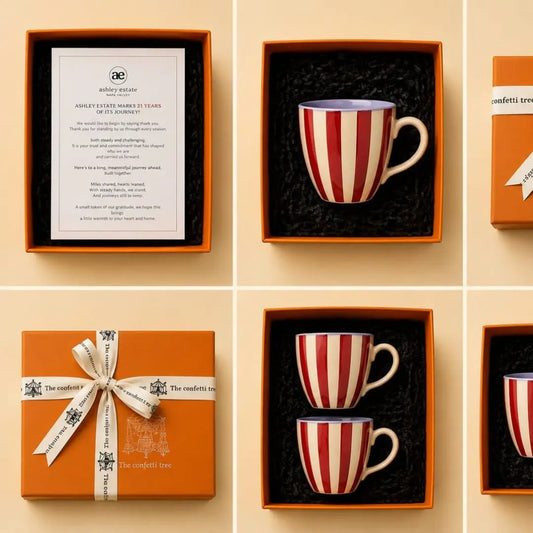 Luxury Stoneware Coffee Mug Gift Box with Personalized Card & Canvas Ribbon Wrap | Handmade Corporate, Wedding & Festive Gift Hamper The confetti tree