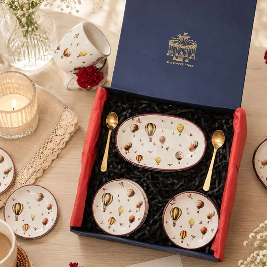 Luxury Stoneware Oval Serving Tray & Tea Plate Set with Pure Brass Spoons – Hot Air Balloon Print Snack & Dessert Plate Gift Set The confetti tree