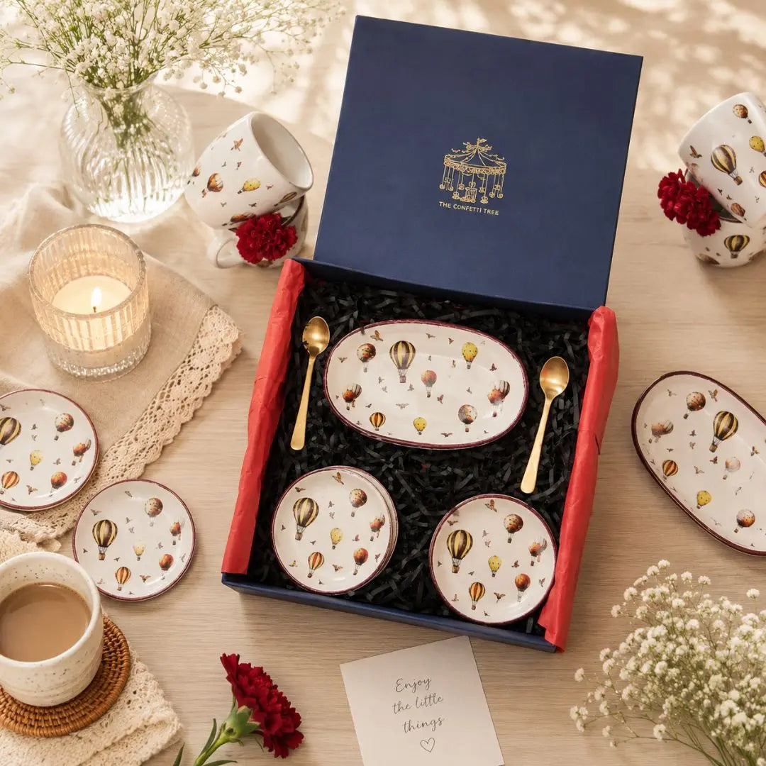 Luxury Stoneware Oval Serving Tray & Tea Plate Set with Pure Brass Spoons – Hot Air Balloon Print Snack & Dessert Plate Gift Set The confetti tree