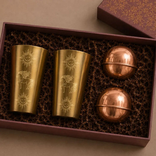 Luxury Wellness Gift Box with Brass Tumblers & Ayurvedic Copper Water Energizing Balls | Premium Handmade Housewarming & Corporate Gift Hamper The confetti tree