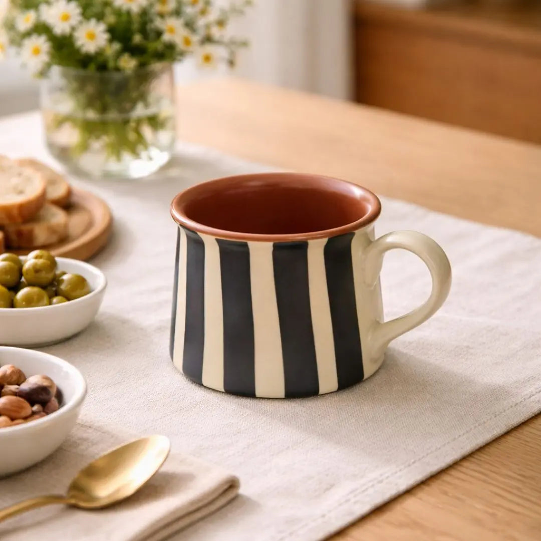 Midnight Stripe Terracotta Coffee Mug – Handcrafted Ceramic Cup for Everyday Luxe The confetti tree