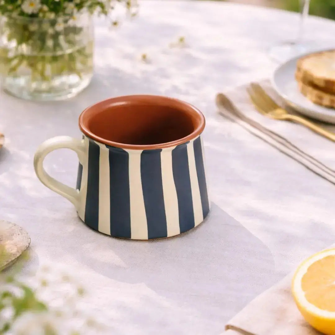 Midnight Stripe Terracotta Coffee Mug – Handcrafted Ceramic Cup for Everyday Luxe The confetti tree