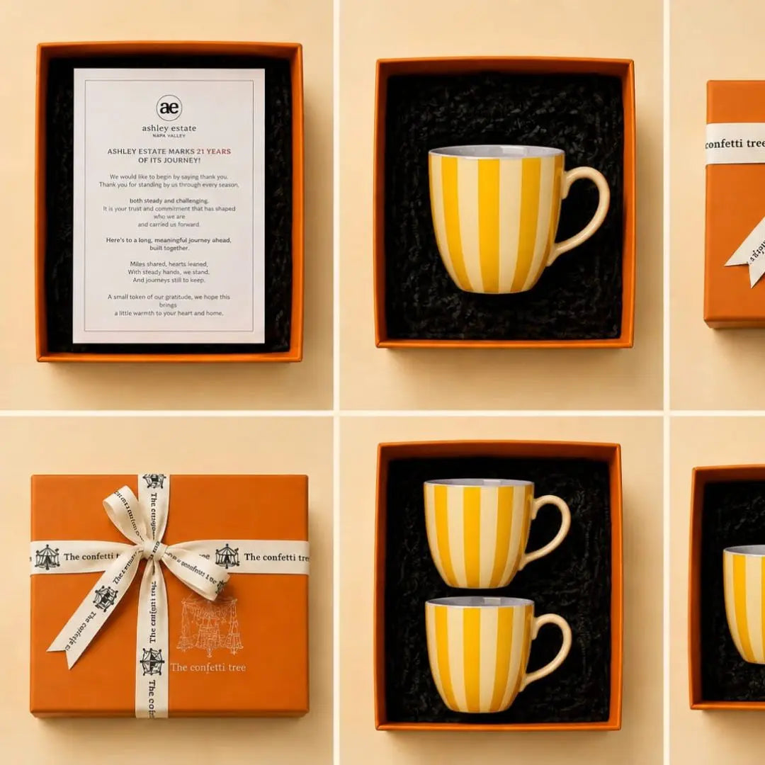 Personalized Stoneware Mug Gift Box with Custom Message Card & Canvas Ribbon Wrap | Luxury Corporate, Employee & Client Appreciation Gift The confetti tree