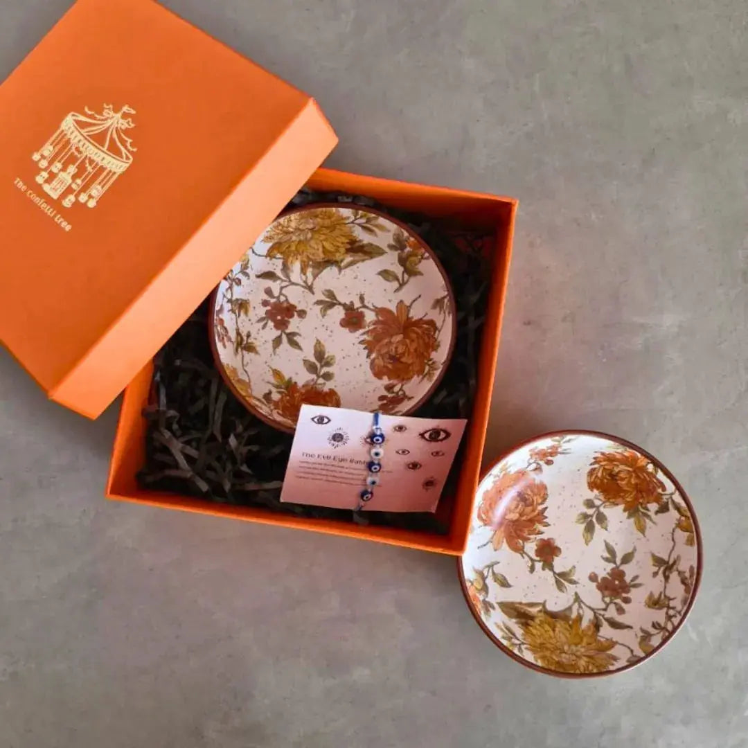 Premium Rakhi Gift Hamper with Evil Eye Rakhi & Lumba, Set of 2 Handcrafted Stoneware Bowls & Greeting Card | Luxury Raksha Bandhan Gift Box for Bhai & Bhabhi The Confetti Tree