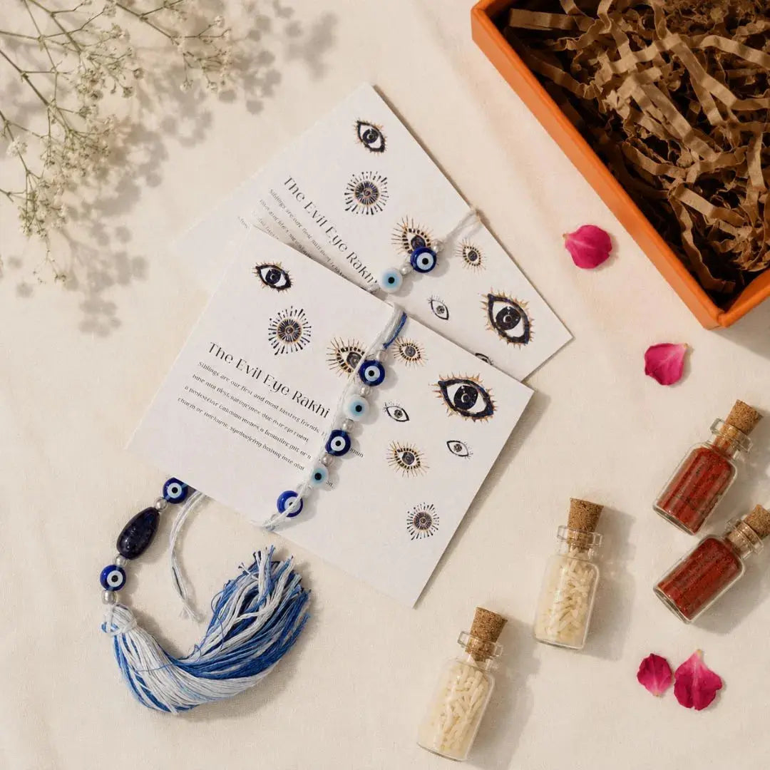 Premium Rakhi Gift Hamper with Evil Eye Rakhi & Lumba, Set of 2 Peony Ceramic Coffee Mugs & Greeting Card | Luxury Raksha Bandhan Gift Box for Bhai & Bhabhi The confetti tree