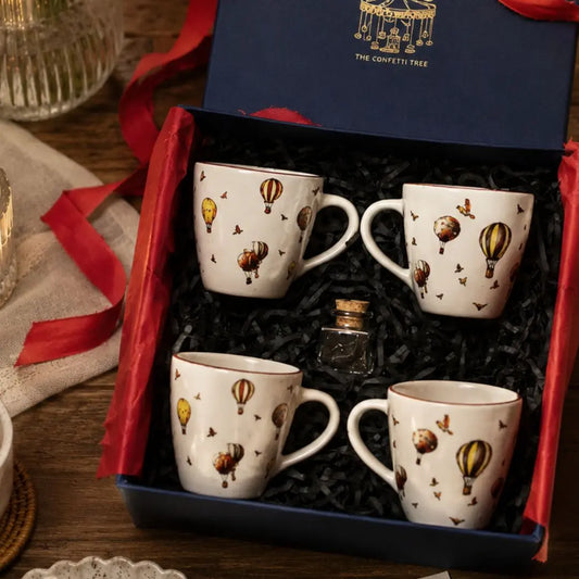 Premium Stoneware Coffee Mug Gift Set  – Hot Air Balloon Print Tea & Coffee Cups The confetti tree
