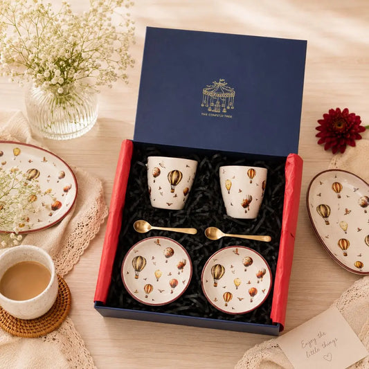 Premium Stoneware Mug & Tea Plate Gift Set with Pure Brass Spoons – Hot Air Balloon Print Coffee & Tea Cup Set The confetti tree