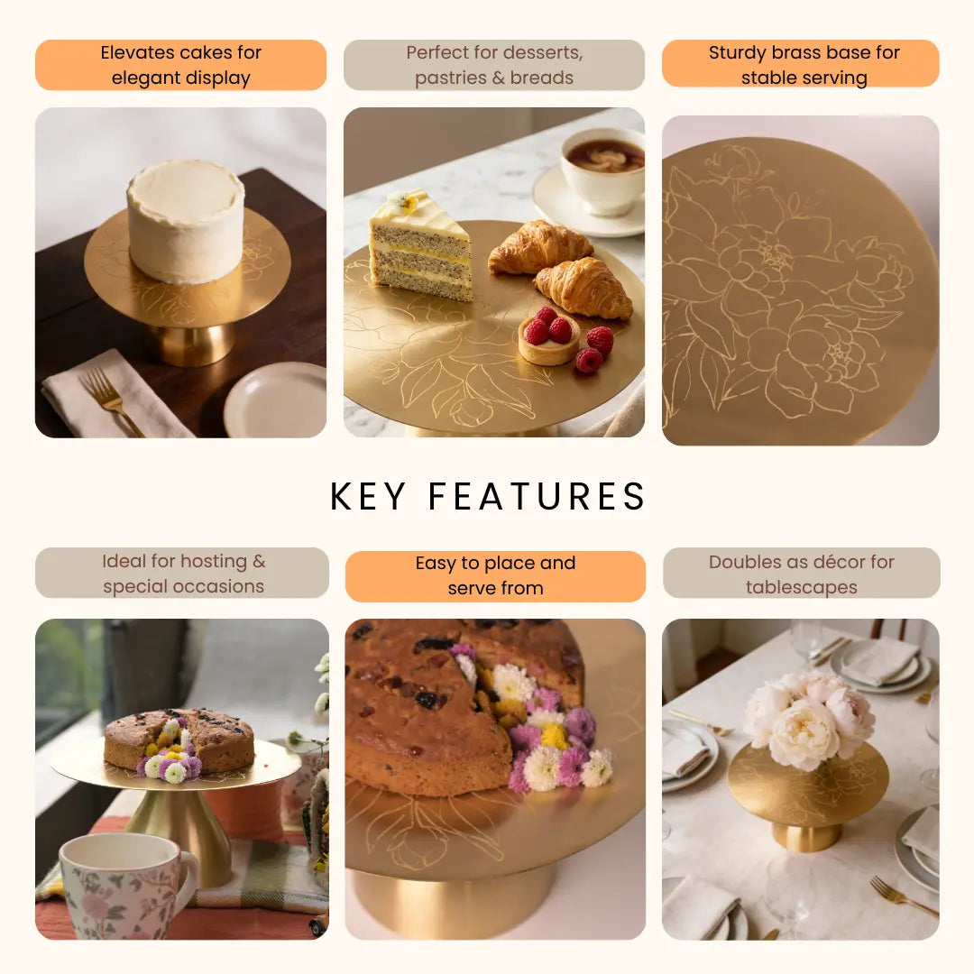 Pure Brass Cake Stand – Laser-Etched Peony Flower Design | Luxury Dessert Stand for Weddings, Festive Hosting & Home Décor The confetti tree