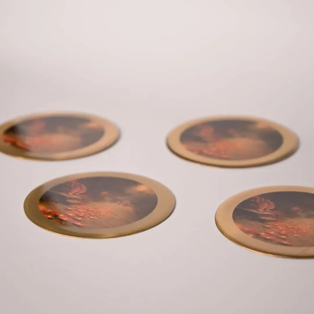 Pure Brass Coasters – Coastal Reverie Art Print (Set of 4) | Luxury Drink Coasters for Home, Bar & Table Décor The confetti tree