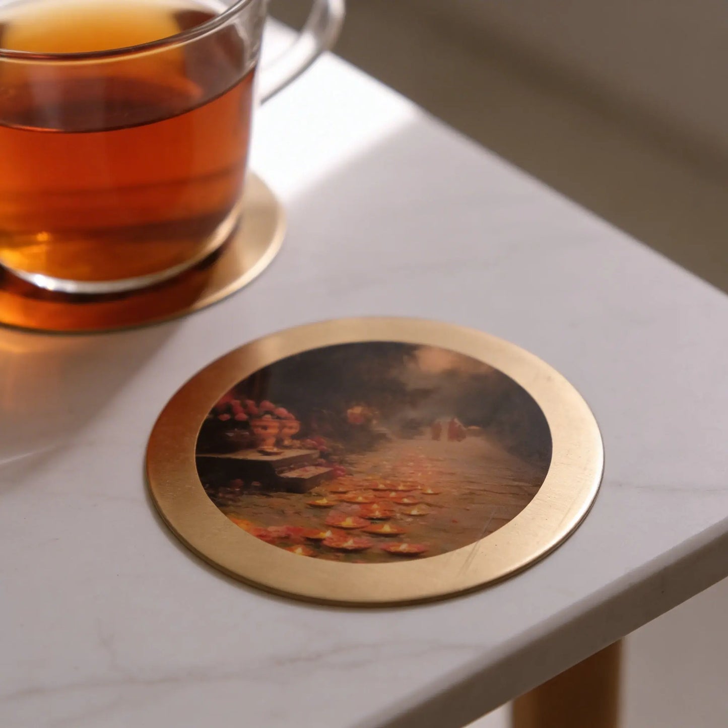 Pure Brass Coasters – Coastal Reverie Art Print (Set of 4) | Luxury Drink Coasters for Home, Bar & Table Décor The confetti tree